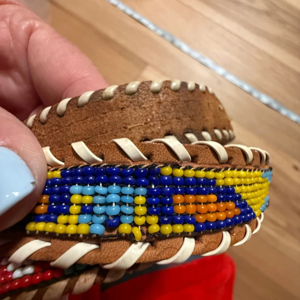 Beaded Leather Belts Kids or Adult XS Brown Tan Lot of 3 Vintage Western Boho